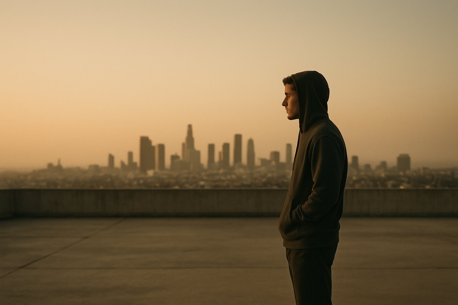 A man on a rooftop at golden hour