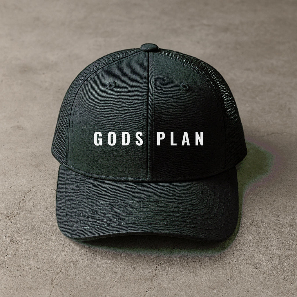 GODS PLAN Trucker Cap — Black, front — GODS PLAN