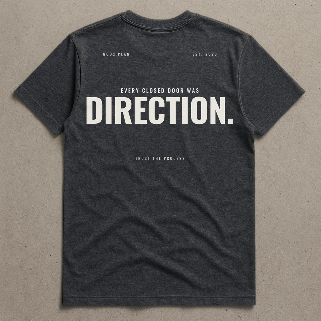 Every Closed Door Was Direction — Tee — Charcoal Heather, back — GODS PLAN