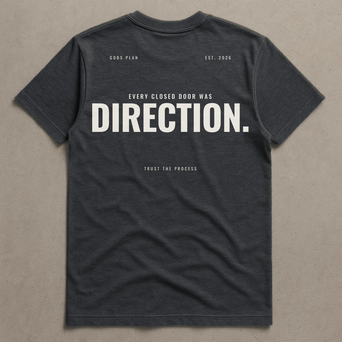 Every Closed Door Was Direction — Tee — Charcoal Heather, back — GODS PLAN
