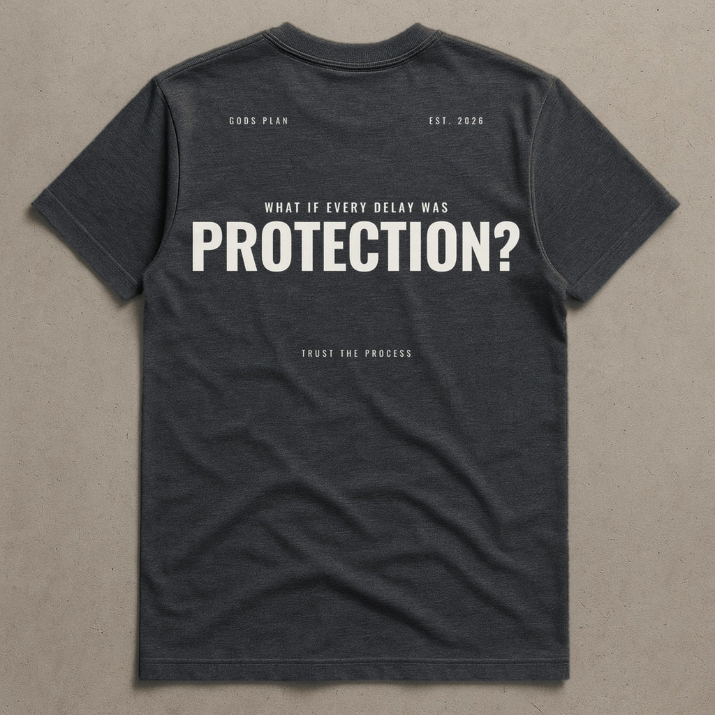 What If Every Delay Was Protection — Tee — Charcoal Heather, back — GODS PLAN