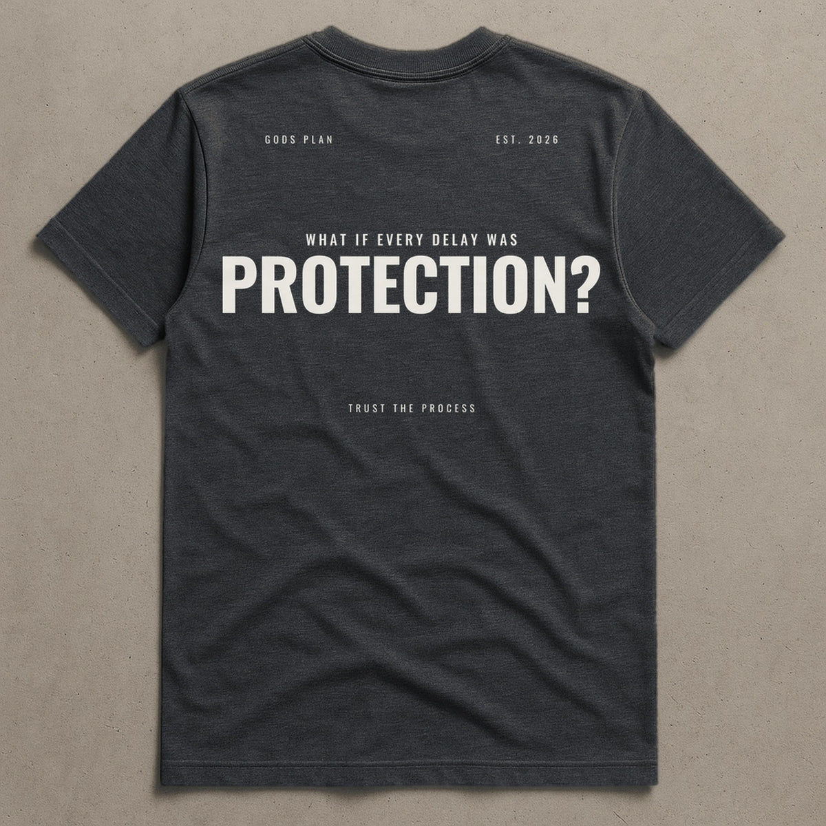 What If Every Delay Was Protection — Tee — Charcoal Heather, back — GODS PLAN