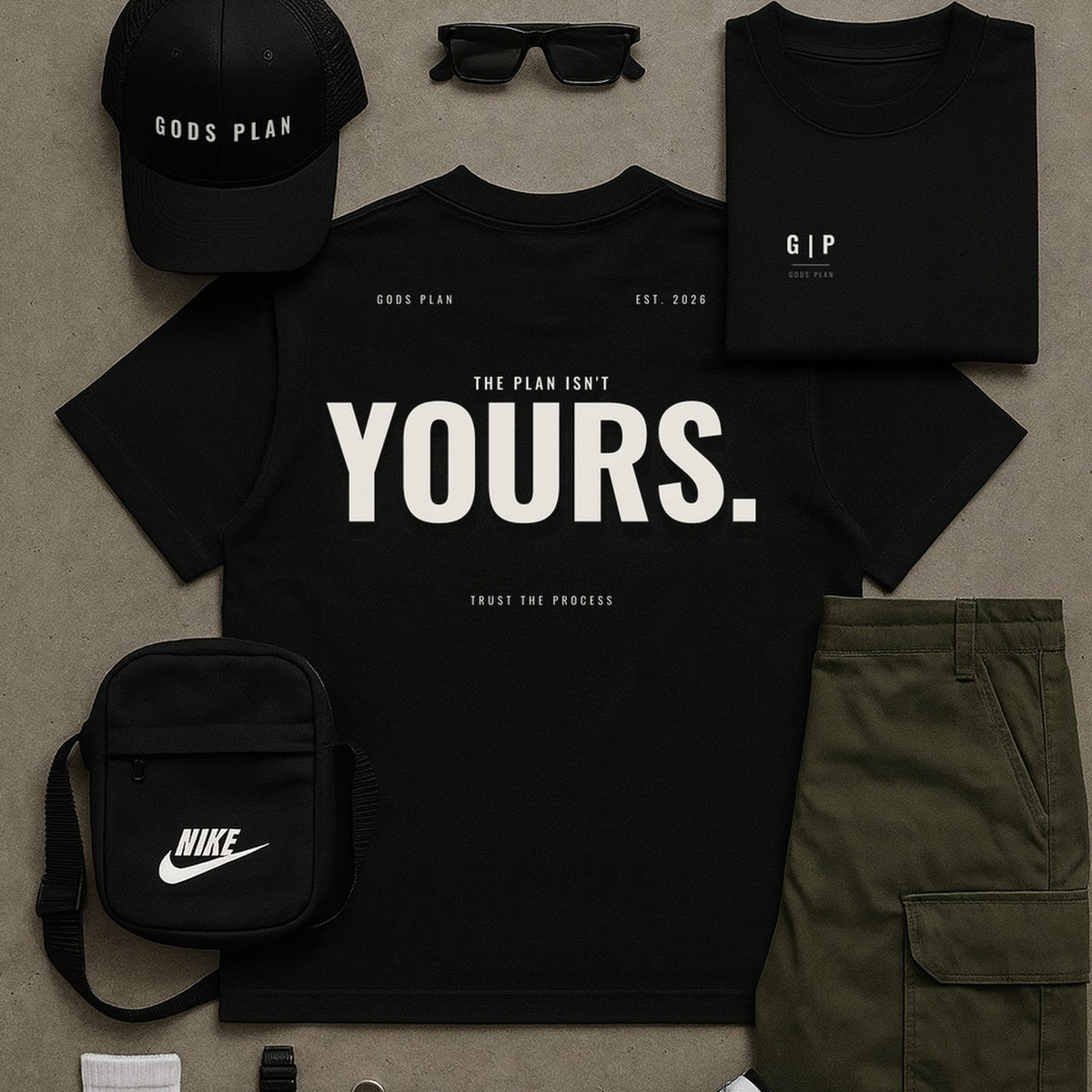 The Plan Isn't Yours — Oversized Tee — styled outfit, black — GODS PLAN