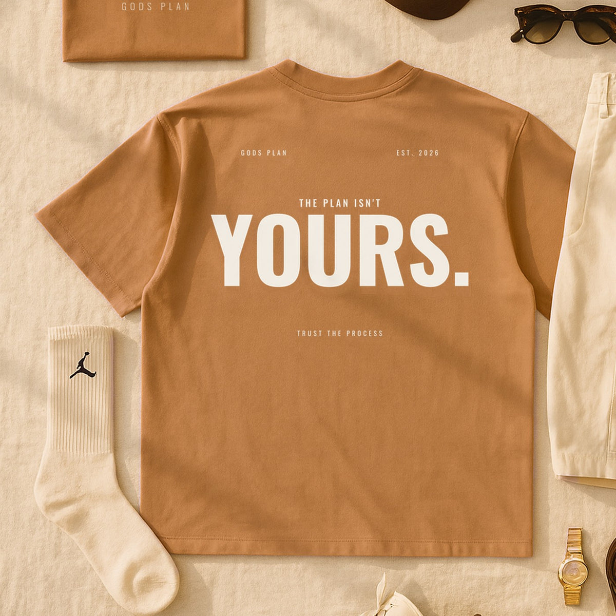The Plan Isn't Yours — Oversized Tee — styled outfit, Toast — GODS PLAN