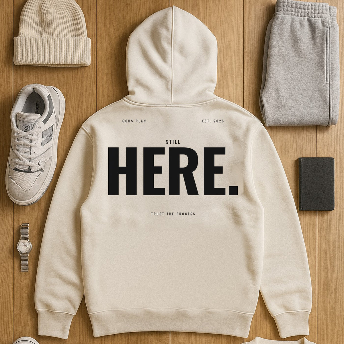 Still Here — Hoodie — styled outfit, Bone — GODS PLAN
