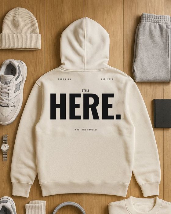 Still Here · Bone hoodie — styled look